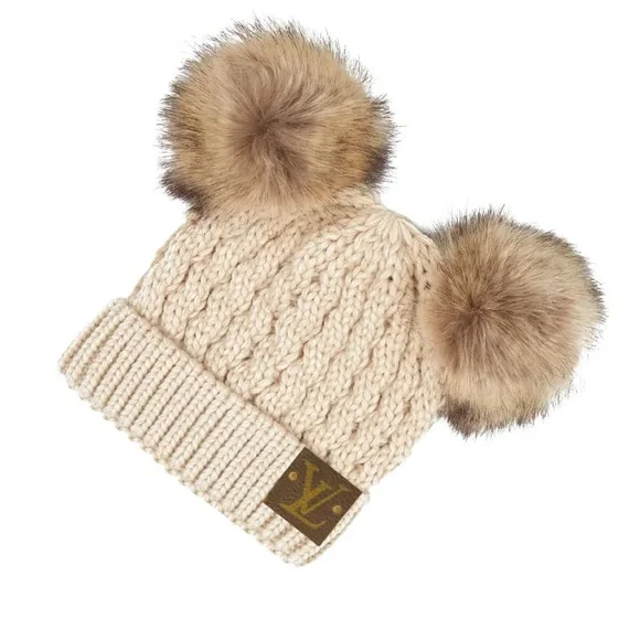 NWT Upcycled Louis Vuitton Pink Knit Beanie with Faux Fur Pom upcycled_pink_baby_crochet_sty  main image 4